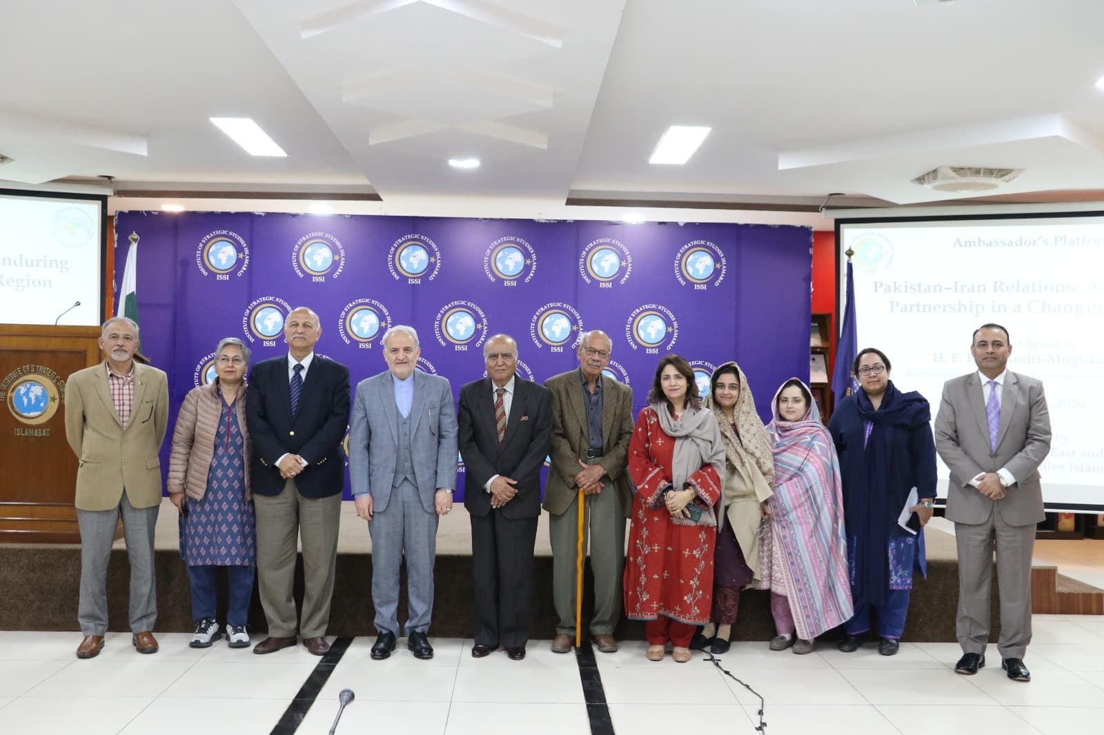 Iranian Ambassador Reza Amiri-Moghaddam speaks at an Islamabad public talk on Pakistan-Iran relations, highlighting 25 agreements and high-level delegations over the past two years. (Institute of Strategic Studies/Facebook)