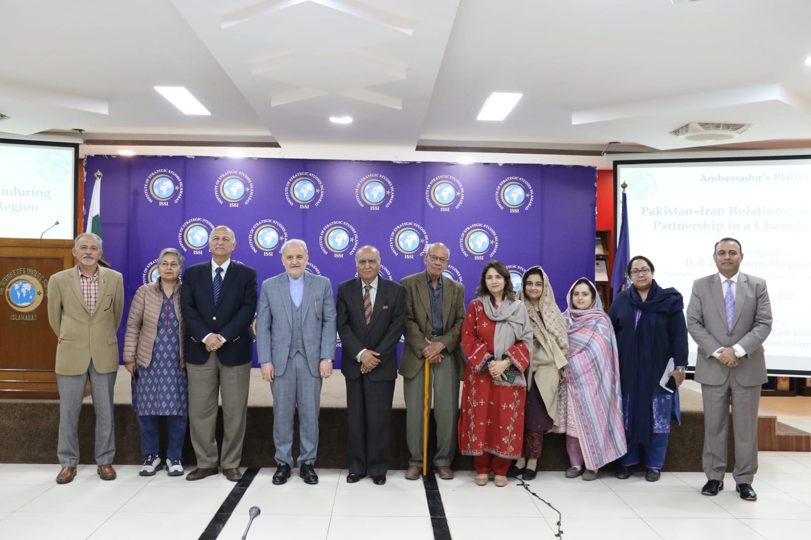 Iranian Ambassador Reza Amiri-Moghaddam speaks at an Islamabad public talk on Pakistan-Iran relations, highlighting 25 agreements and high-level delegations over the past two years. (Institute of Strategic Studies/Facebook)
