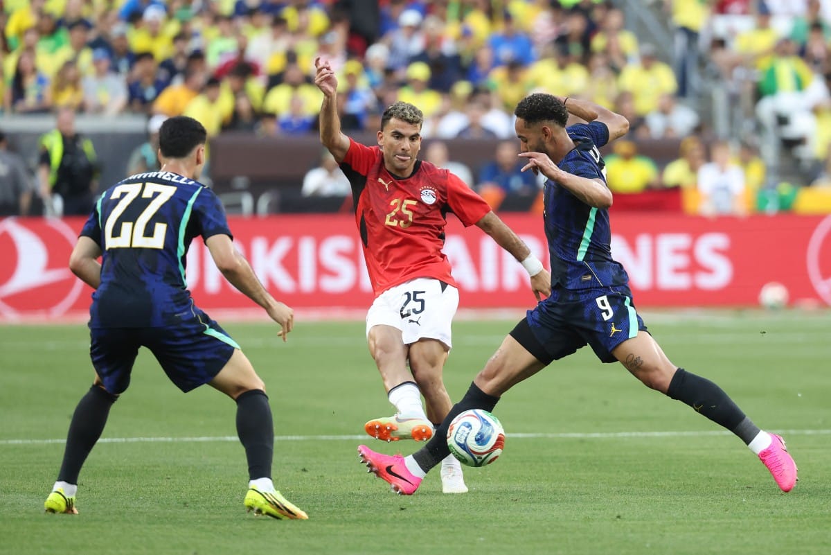 Zizo of Egypt competes for the ball against Matheus Cunha of Brazil during the international friendly match between Brazil and Egypt at Huntington Bank Field on June 06, 2026, in Cleveland, Ohio. (Photo: AFP)
