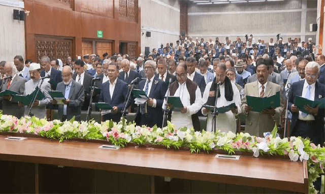 Bangladesh Nationalist Party members take oath at Jatiya Sangsad (the unicameral legislative body of Bangladesh) on February 17, 2026. (Bangladesh Sangbad Sangstha)