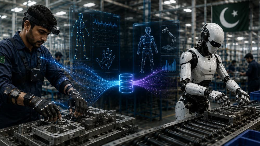 AI-generated illustration created with ChatGPT on August 22, 2026, depicting how motion data captured from Pakistani factory workers could help train humanoid robots. The illustration accompanies Pakistan TV Digital’s feature on a Pakistani startup and th