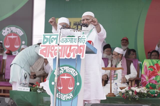 Bangladesh Jamaat-e-Islami Ameer Dr Shafiqur Rahman speaks at an electoral rally at the Padua ACM High School ground in Lohagara, Chattogram, on February 02, 2026. (Photo: BSS)