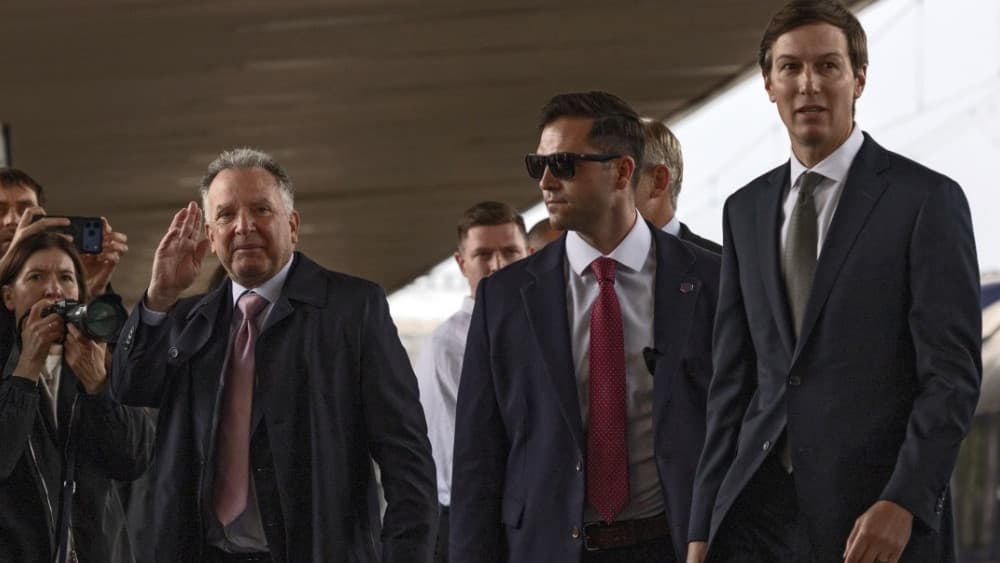US Special Envoys for Peace Jared Kushner (R) and Steve Witkoff (C,L) arrive at a railway station in Kyiv on September 6, 2026, on their first visit to the Ukrainian capital. (AFP)