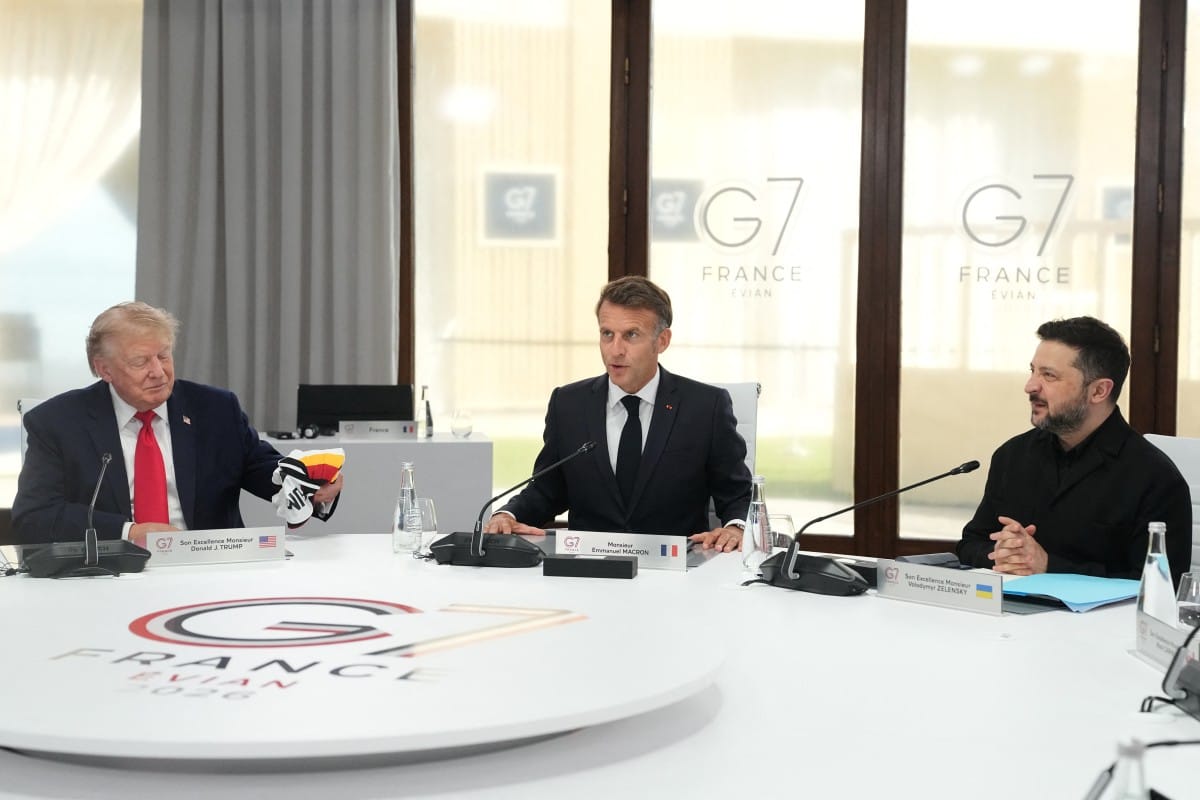 (From L) US President Donald Trump, France's President Emmanuel Macron and Ukraine's President Volodymyr Zelensky take part in a working session at the G7 summit in Evian-les-Bains, central-eastern France on June 16, 2026. (Photo by Thibault Camus / POOL