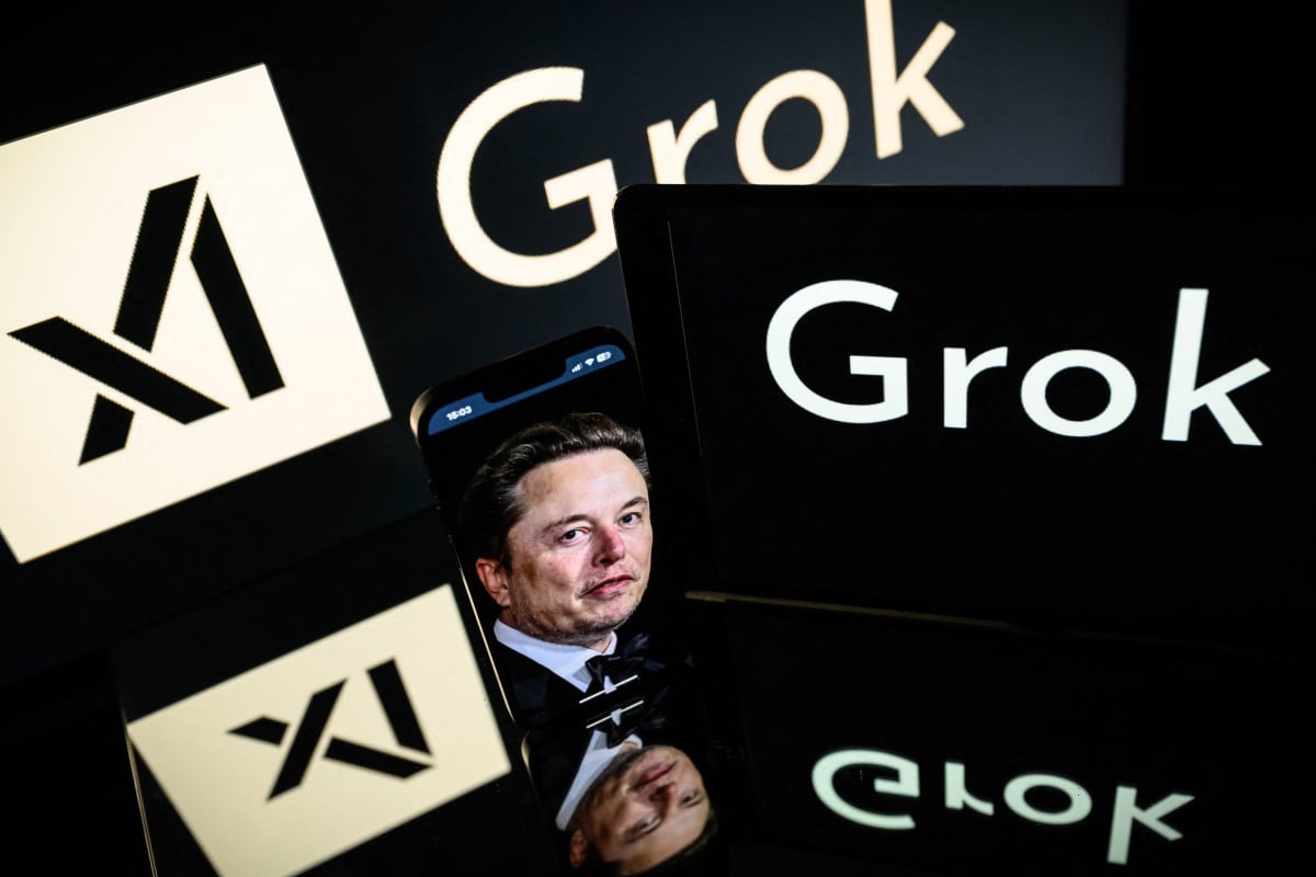 This photograph, taken on January 13, 2025, in Toulouse shows screens displaying the logo of Grok (AFP)
