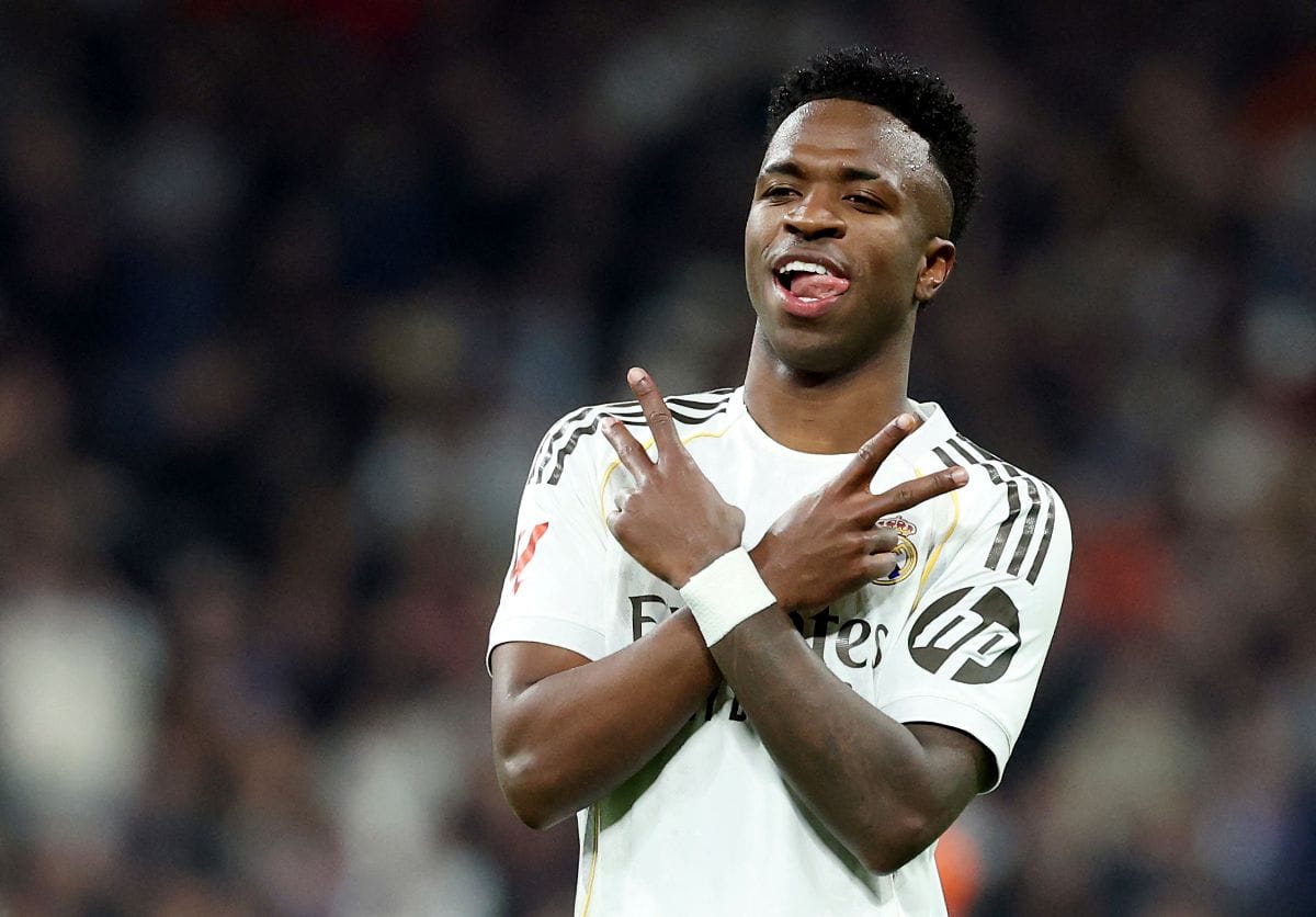 Real Madrid's Brazilian forward #07 Vinicius Junior celebrates scoring his team's fourth goal during the Spanish league football match between Real Madrid CF and Real Sociedad at Santiago Bernabeu Stadium in Madrid on February 14, 2026. (AFP)