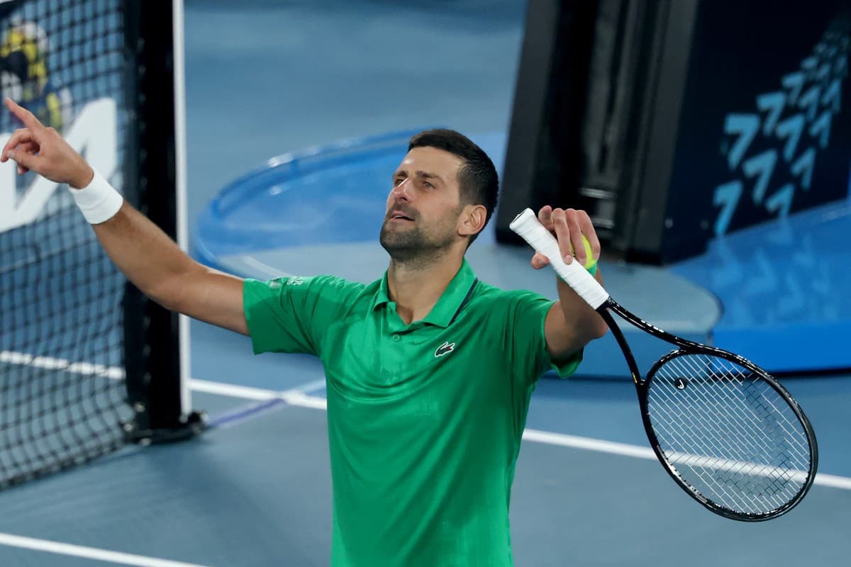 Serbia's Novak Djokovic celebrates victory over Netherlands' Botic van de Zandschulp after their men's singles match on day seven of the Australian Open tennis tournament in Melbourne on January 24, 2026. (Photo by DAVID GRAY / AFP)