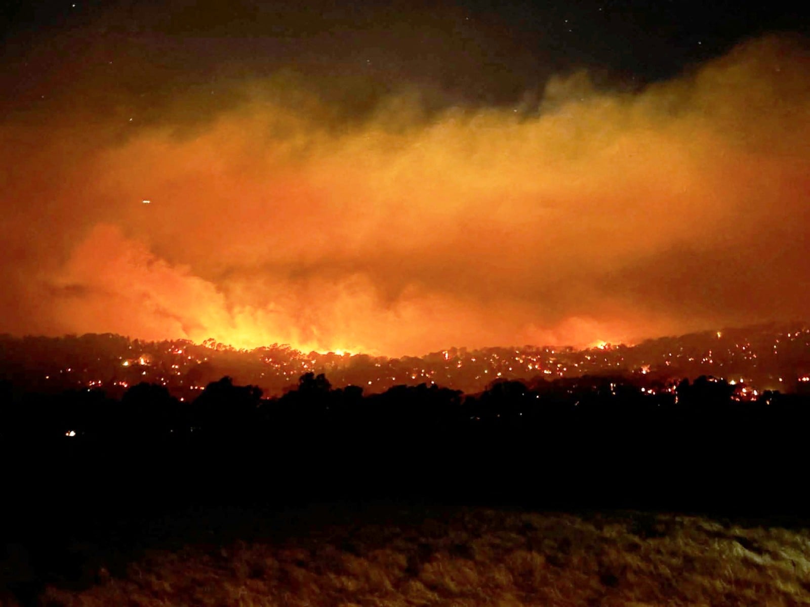 This handout photo from the CFA Wandong Fire Brigade, posted on their Facebook page, taken on January 7, 2026, and released on January 8, shows a bushfire burning near the town of Longwood, northern Victoria. (AFP)