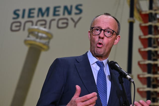 German Chancellor Friedrich Merz gives a statement at Siemens Energy plant in Hangzhou, in eastern China’s Zhejiang Province on February 26, 2026. (AFP)