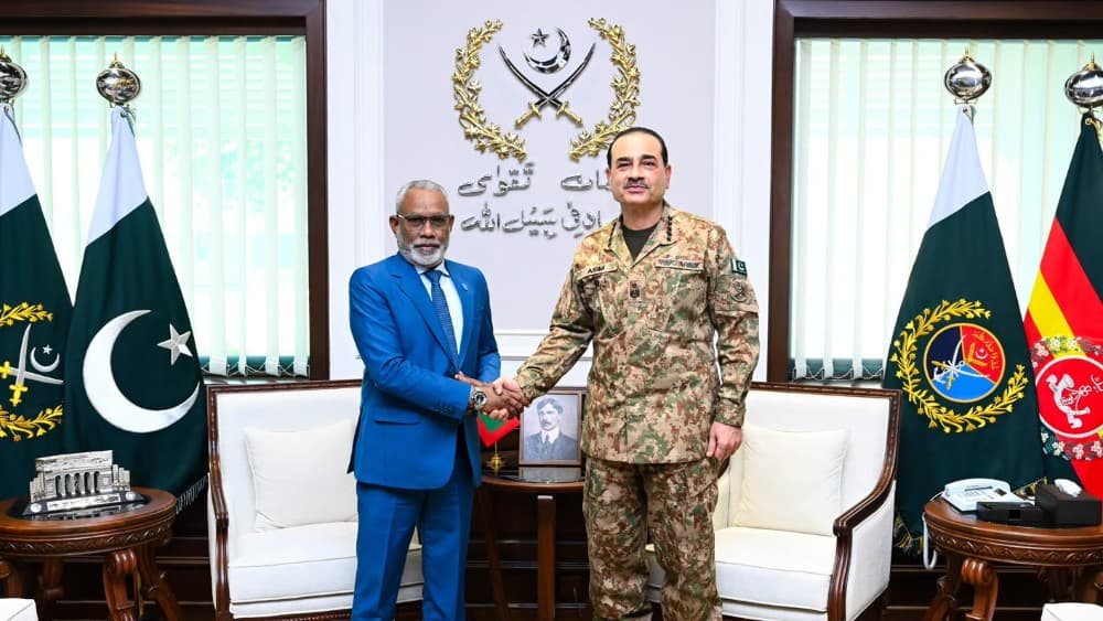 Speaker of the People’s Majlis of the Maldives Abdul Raheem Abdullah calls on Chief of Defence Forces Field Marshal Syed Asim Munir at General Headquarters (GHQ) in Rawalpindi on Thursday, September 24, 2026. (Photo: ISPR)