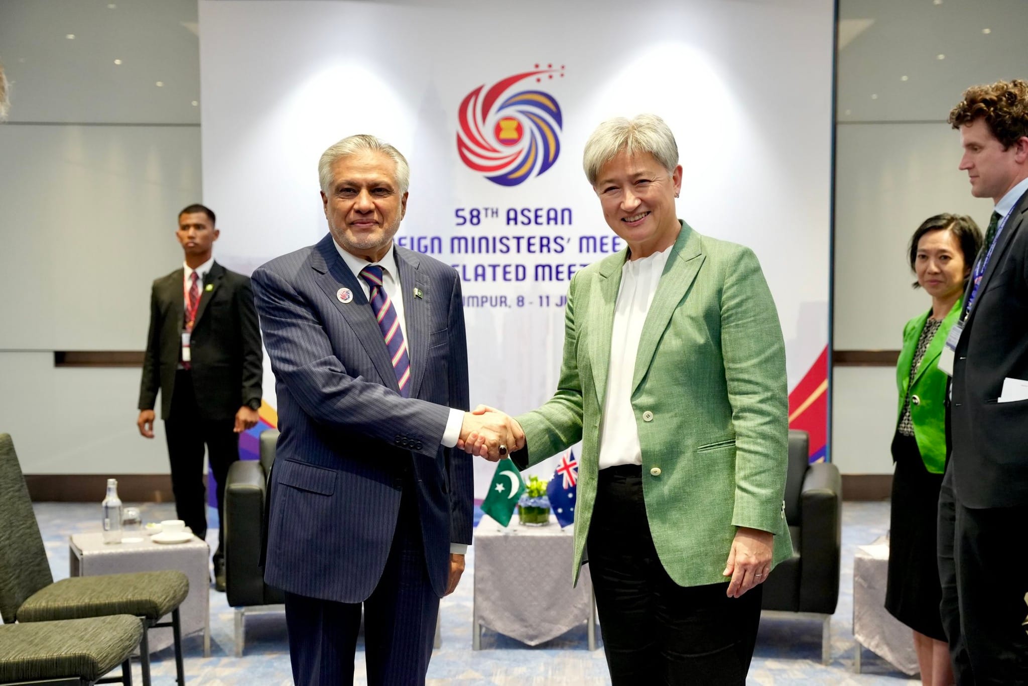 Pakistan's Foreign Minister Ishaq Dar meets with the Australian Foreign Minister Penny Wong on sidelines of the ASEAN Regional Forum on July 13, 2025. (Pakistan High Commission Australia/Facebook)