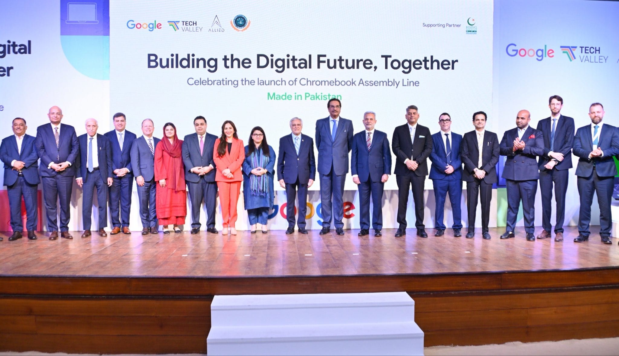 Deputy Prime Minister and Foreign Minister Senator Mohammad Ishaq Dar joins officials and representatives from Google, Tech Valley and partner organizations at the launch of Pakistan’s first Chromebook assembly line in Islamabad on Nov. 4, 2025, marking a
