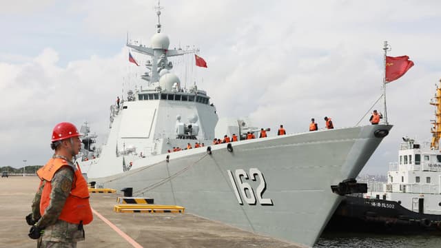 This photo taken on July 15, 2024 shows the Chinese guided-missile destroyer Nanning at a naval port in Zhanjiang, south China's Guangdong Province. (AFP)