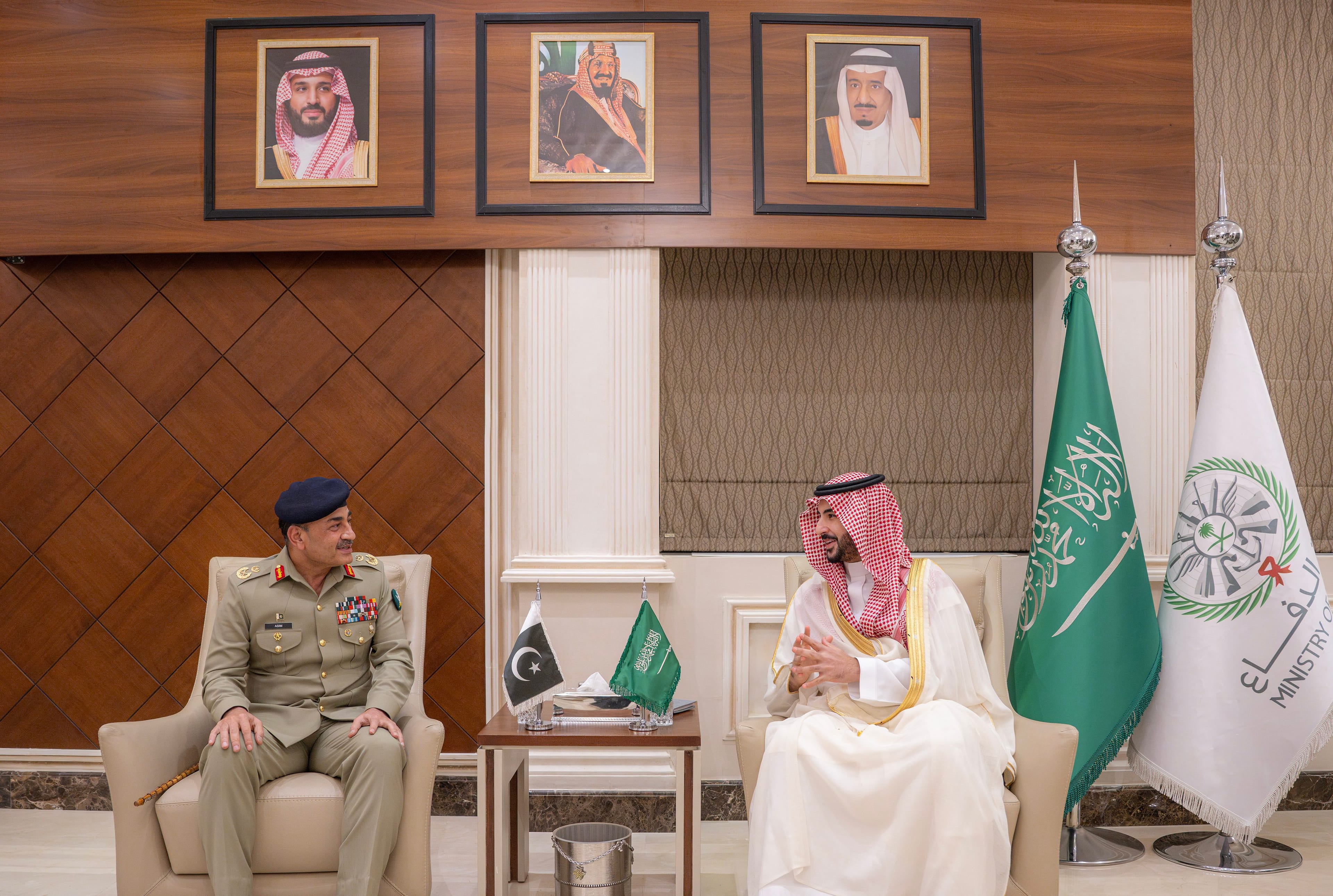 In this handout photo, taken and released by Saudi defense ministry on March 7, 2026, Saudi Arabia’s Defense Minister Prince Khalid bin Salman speaks during a meeting with Pakistan Chief of Defense Forces and Chief of Army Staff Field Marshal Syed Asim Mu