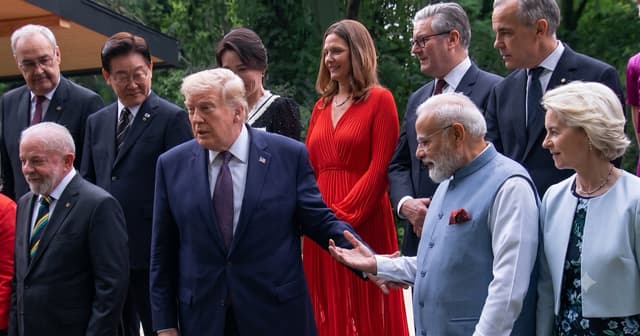 US President Donald Trump and Indian Prime Minister Narendra Modi pose for a group photo on the second day of this year’s Group of Seven summit in Évian-les-Bains, eastern France, on June 16, 2026. (AFP video screenshot)
